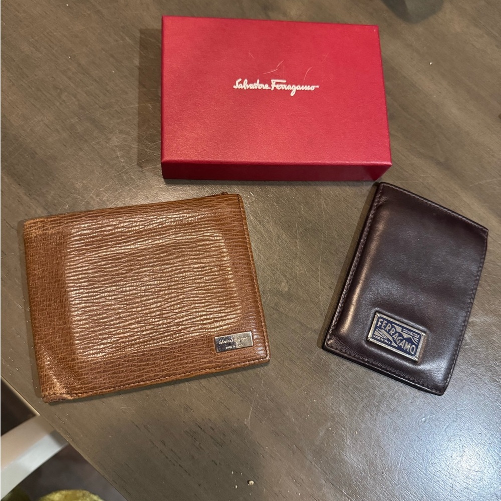 Salvatore Ferragamo Tan and Dark Brown Leather (both) Wallet Set